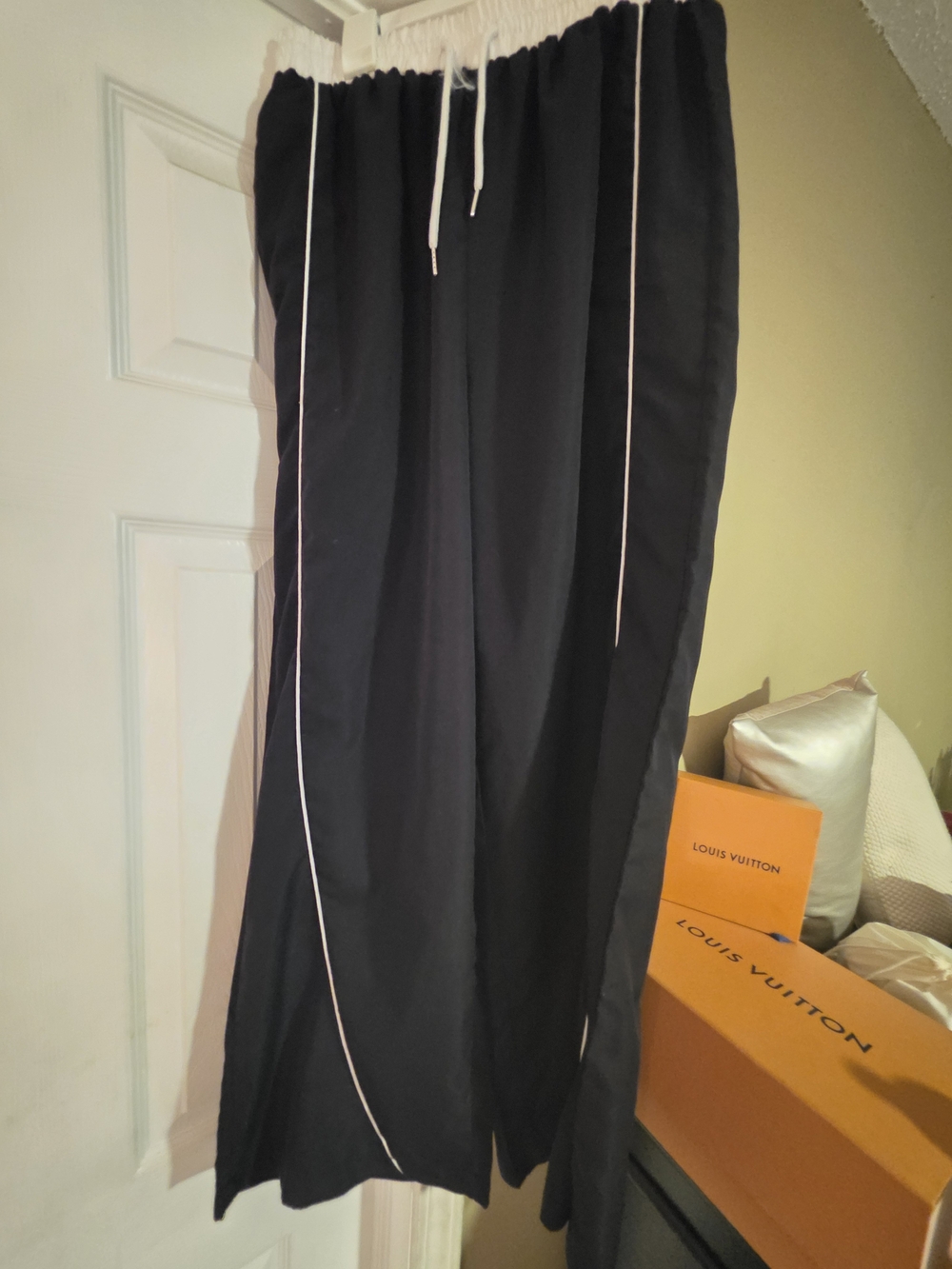 Black Wide-Leg Lounge Pants with White Piping